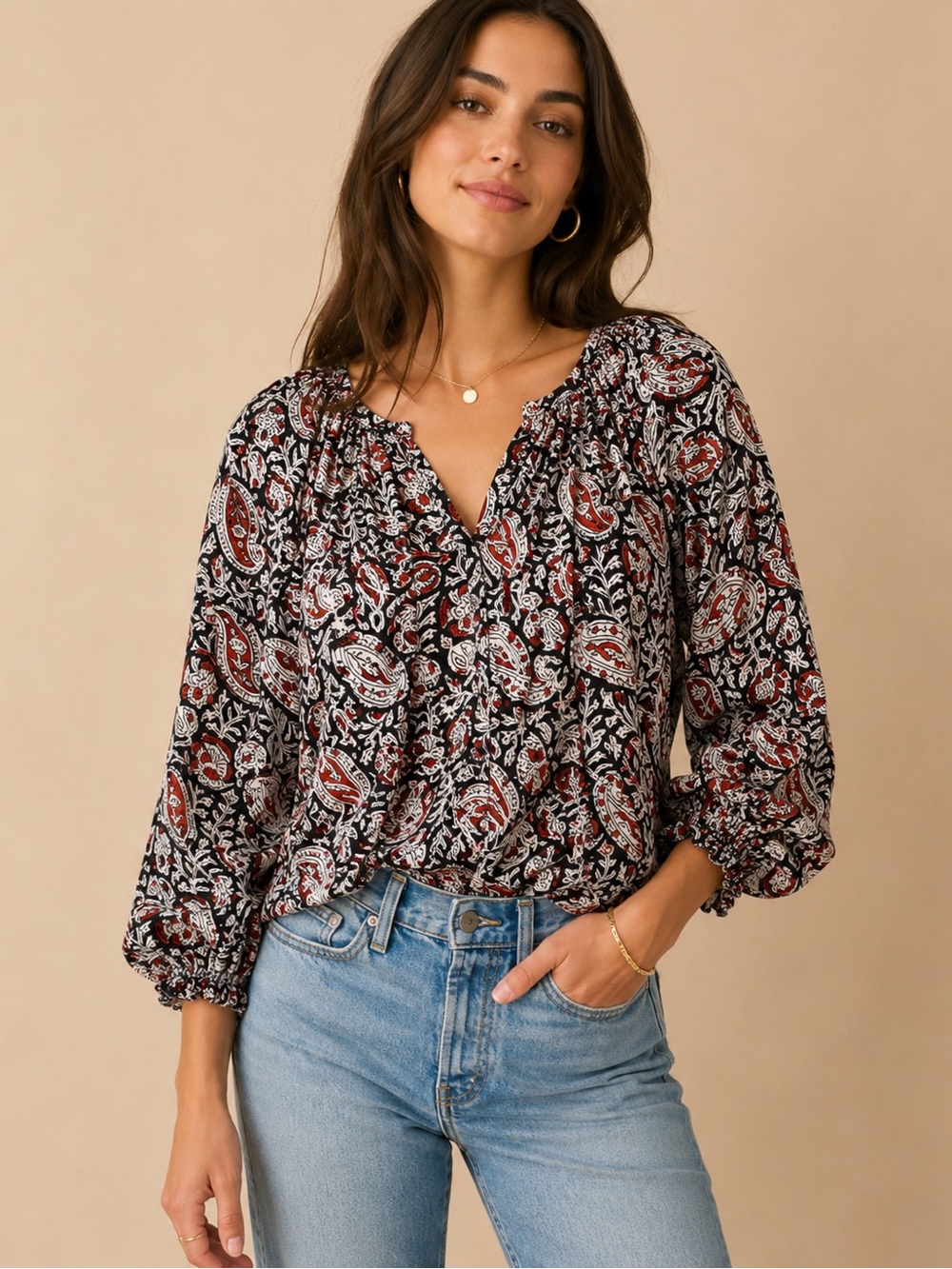 India Collection by Emerson Fry Paisley Floral Boho Blouse Size Large